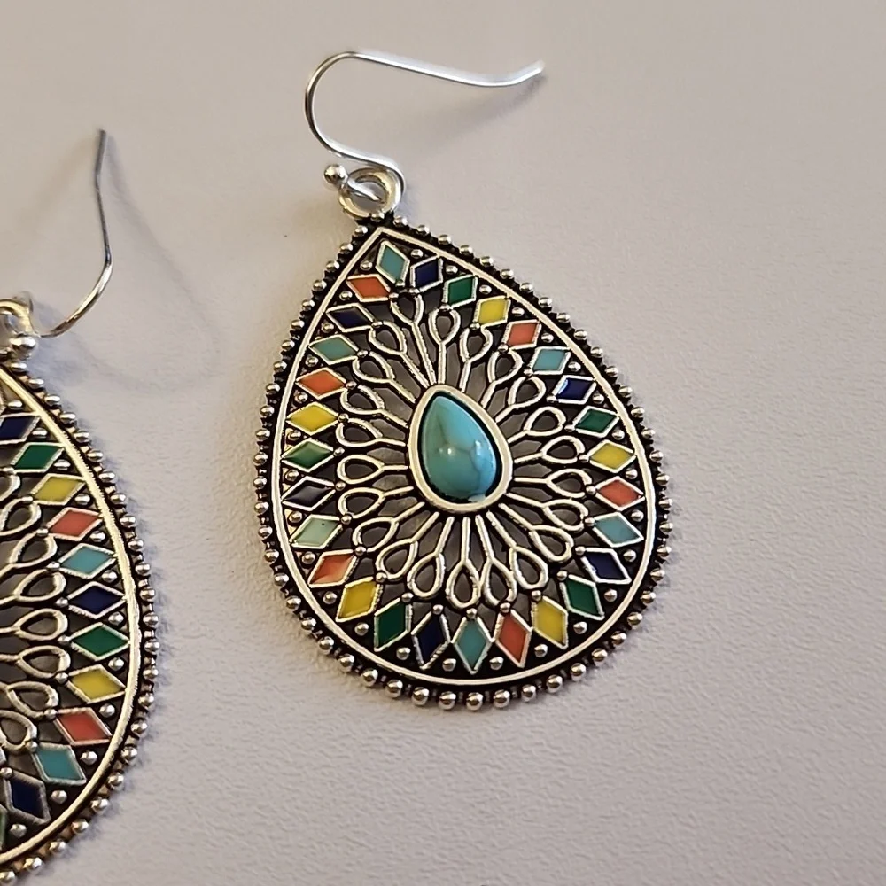 BOHO TEARDROP EARRINGS Simulated Turquoise EP - Picture 2 of 3